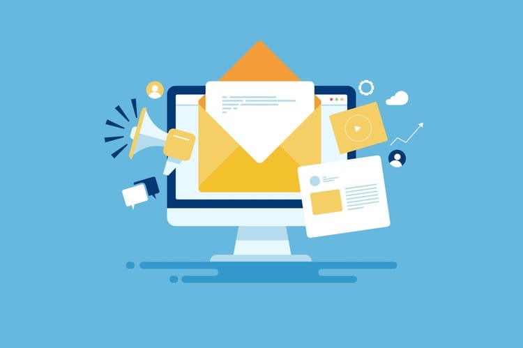 Illustration of an open envelope with a letter rising out of a desktop computer screen, surrounded by a megaphone, chat bubbles, a video card, user icons and an upward trend arrow on a blue background.