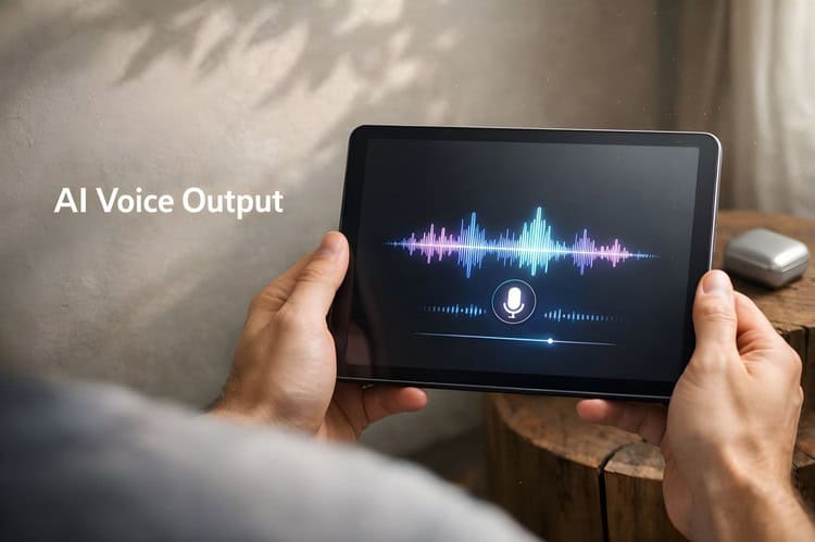 hands holding a tablet showing a glowing purple and blue sound wave and a microphone icon, with the text “AI Voice Output.”
