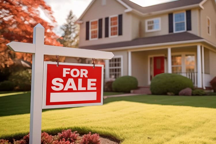 Red “For Sale” sign on a white post in the front lawn of a two-storey beige house with a red front door.