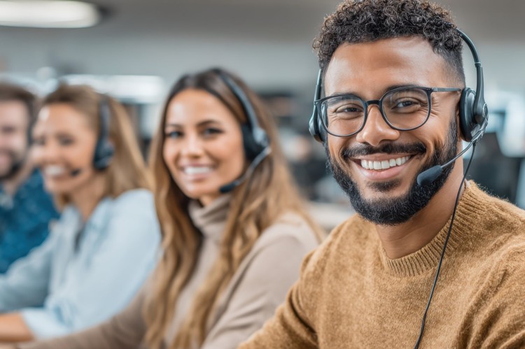 Smiling man with glasses and a headset sitting in a row with colleagues who also wear headsets in a call centre.