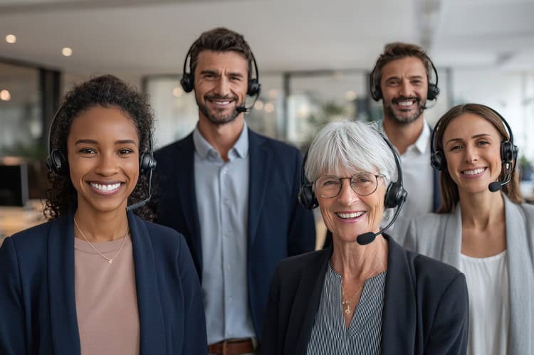 Five smiling call centre agents of different ages wearing headsets, standing together in a bright modern office.