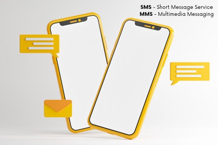 Two yellow smartphones with blank screens, surrounded by yellow chat bubbles and an envelope icon, with the text “SMS – Short Message Service” and “MMS – Multimedia Messaging” in the top right corner.